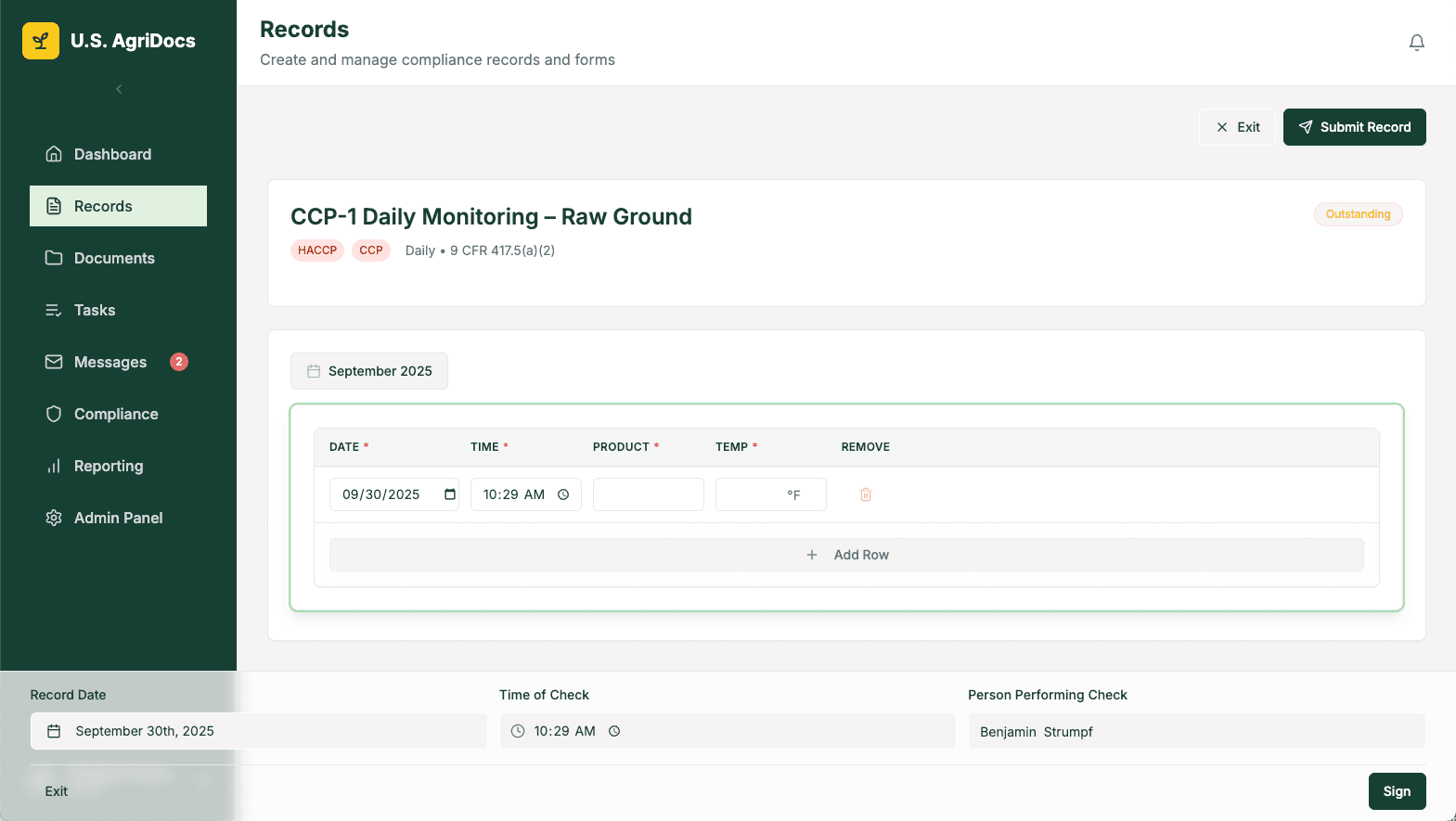 Record submission interface